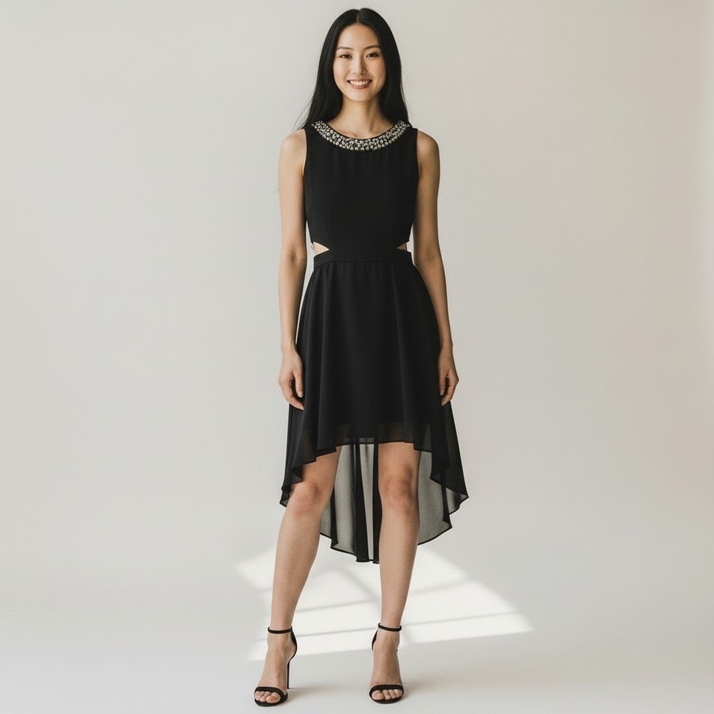 Elegant Black Embellished High-Low LBD Cocktail Party Prom Dress w/ Cut-outs, M